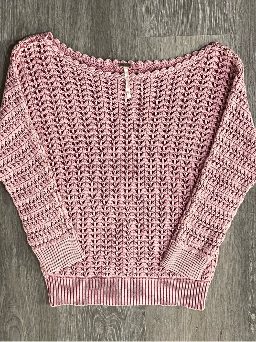 Free People Boomerang Sweater in pink, featuring an open-knit crochet pattern XS
